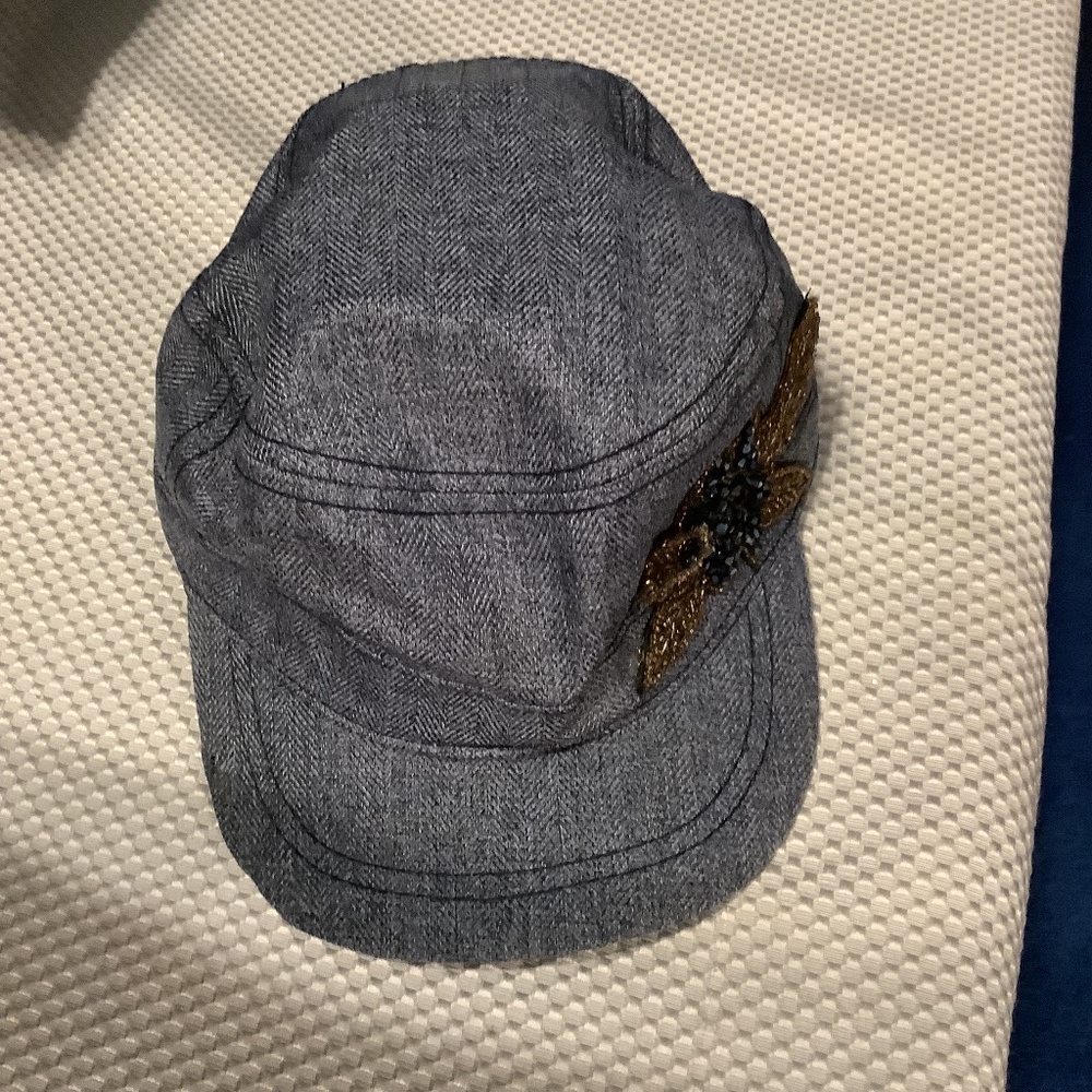 Women’s Blue Cabbie Cadet Newsboy Jeweled Bling Flower with gold leaves Hat/cap